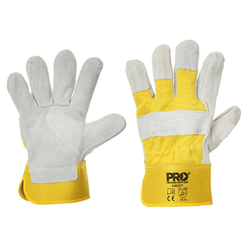 PRO GLOVE LEATHER/COTTON H/DUTY GREY/YELLOW W/SAFETY CUFF A GRADE